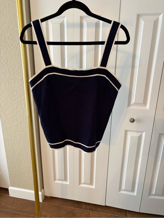 Trina Turk Tops - Trina Turk Square-Neck Tank Top Navy With White Trim and Button Straps Size XL